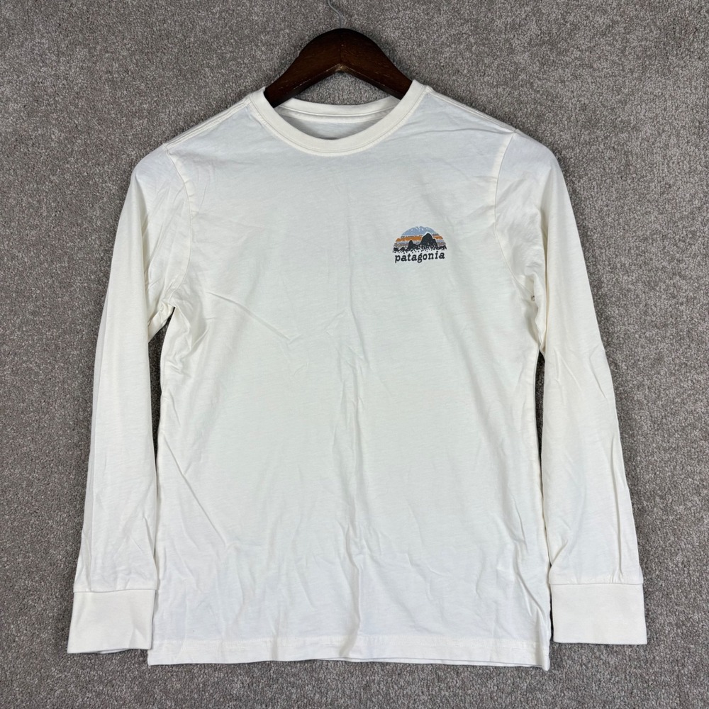 Patagonia Kids M 10 Long Sleeve Graphic Tee Off White Organic Cotton Shirt